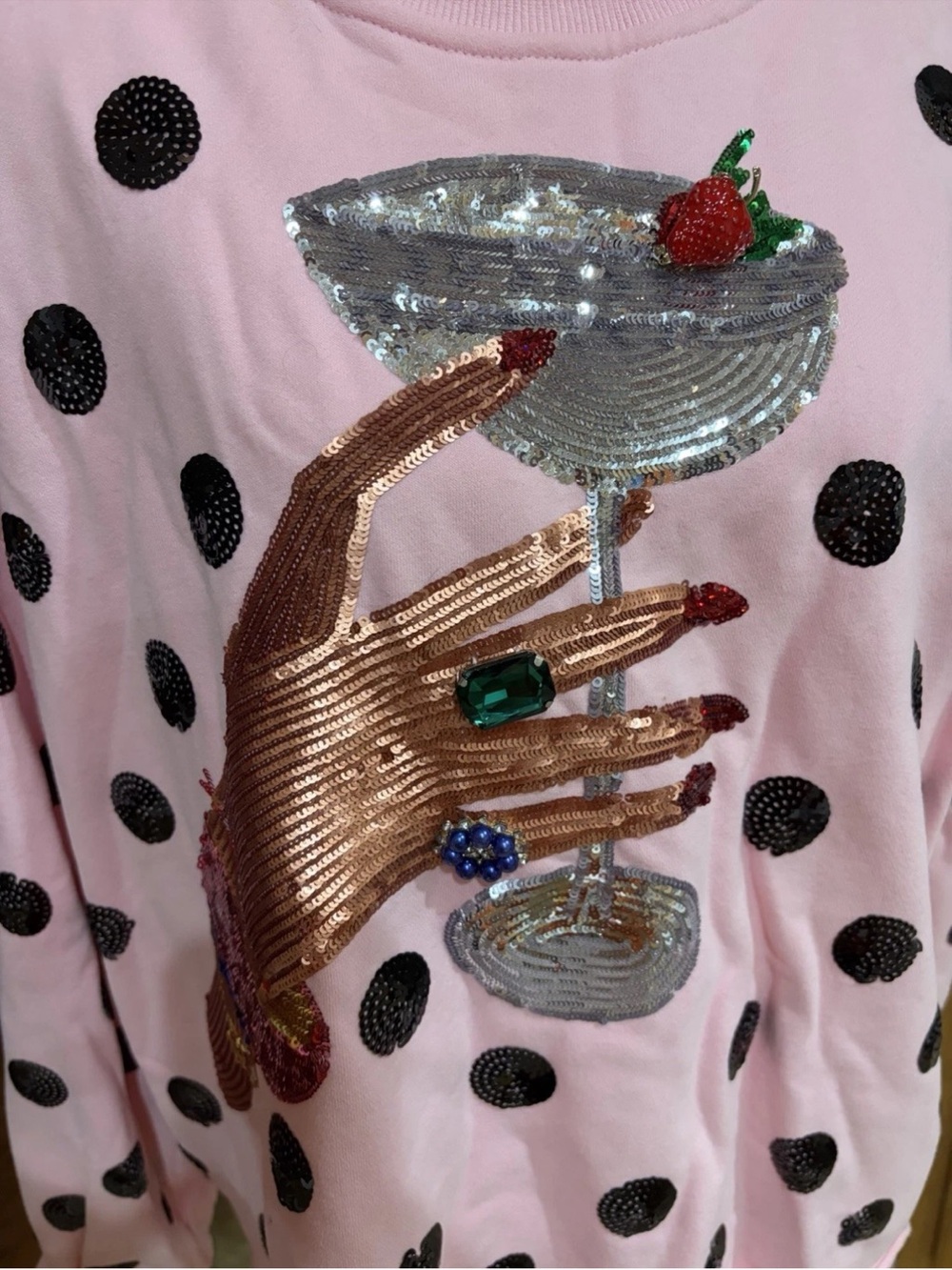 QUEEN OF SPARKLES Pink Polka Dot Sequin Hand with Cocktail Sweatshirt - Picture 3 of 4